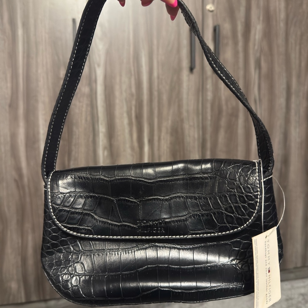 Tommy Hilfiger Black Crocodile Embossed Shoulder Bag